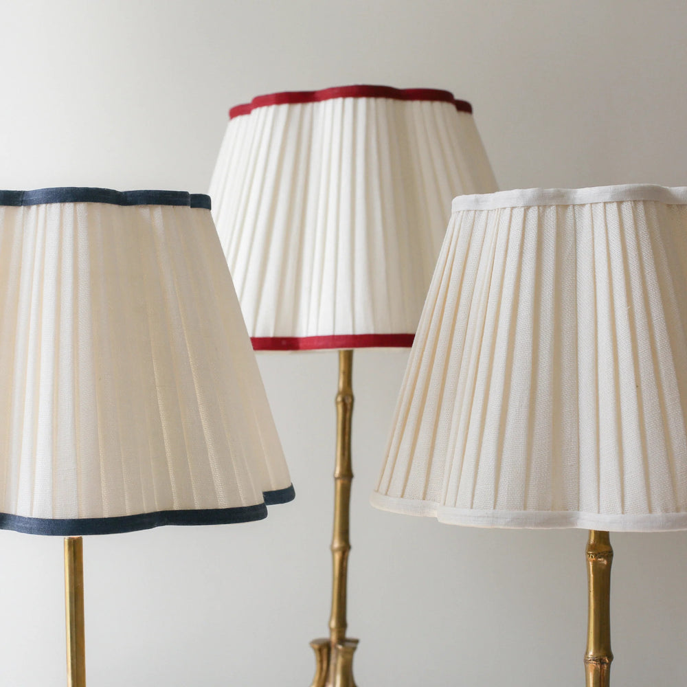Scalloped Ivory Linen Lampshade with Navy Trim- Patton House  