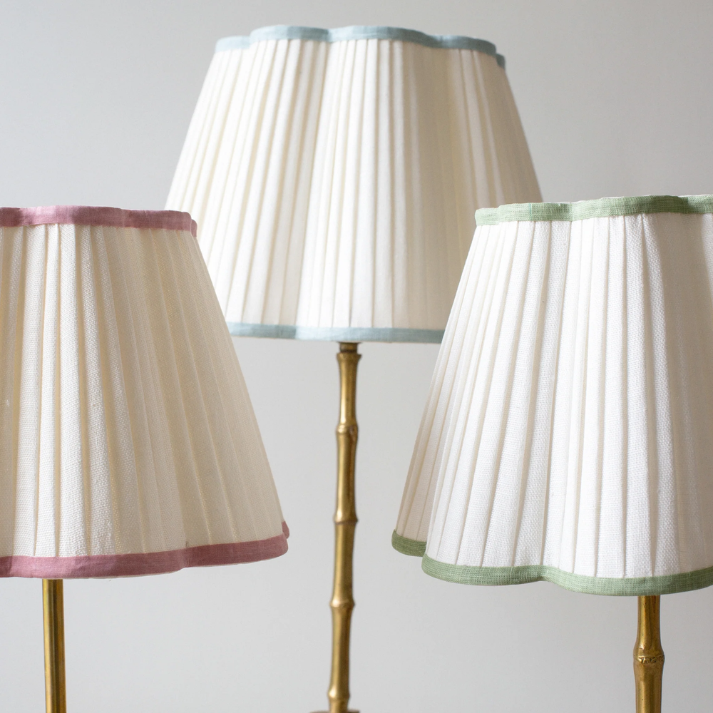 Scalloped Ivory Linen Lampshade with Sage Trim- Patton House  