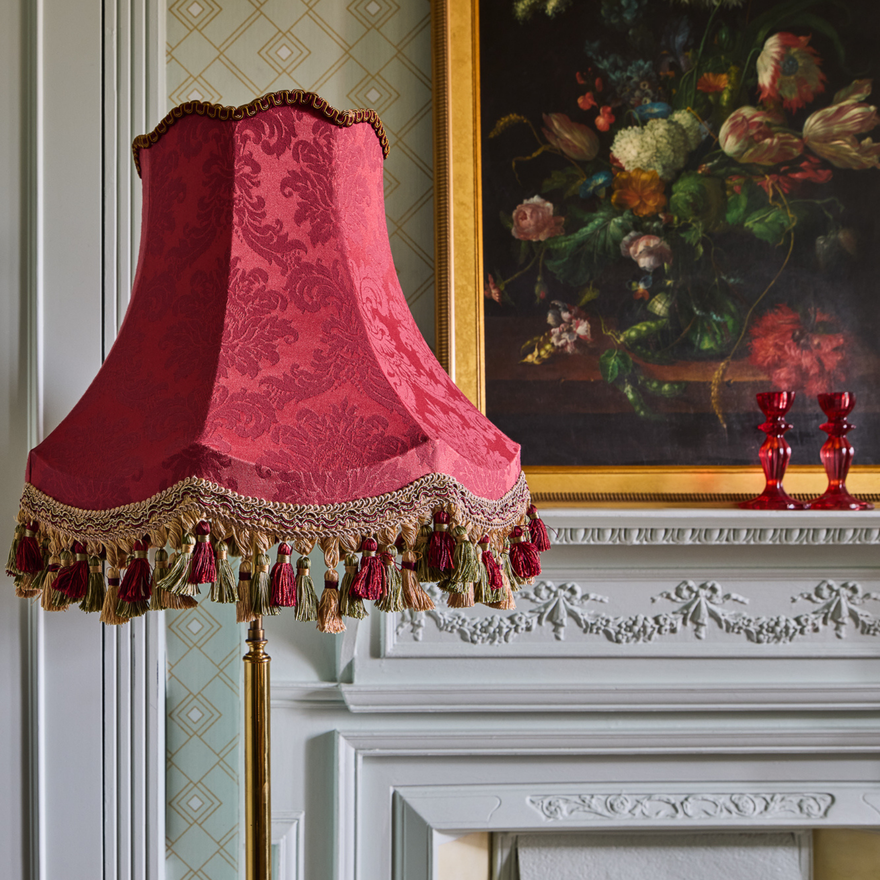 Red Damask Lampshade with Tassel Fringe | Tinker & Tallulah