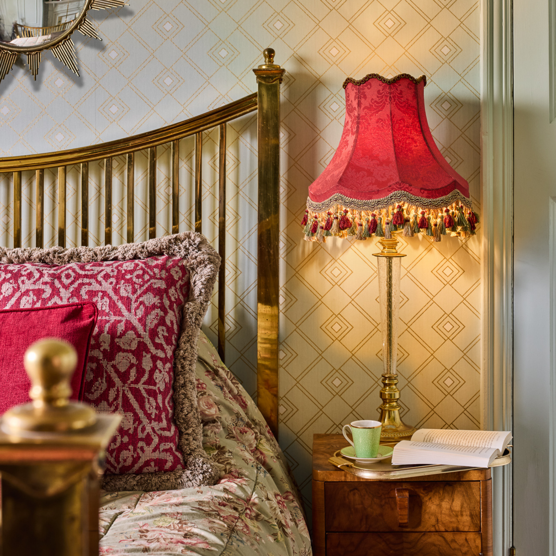 Red Damask Lampshade with Tassel Fringe | Tinker & Tallulah
