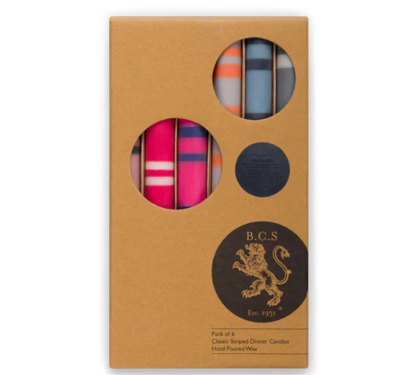 British Colour Standard Striped Pink & Grey Eco Dinner Candles, 6 per pack