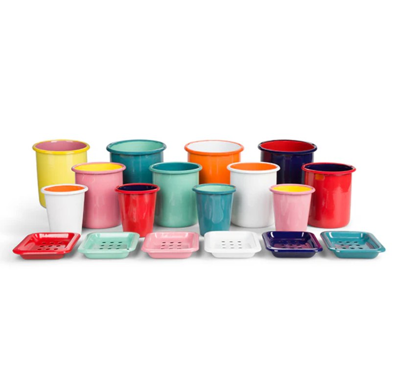 Set of 4 Enamel Tumblers in Old Rose / Sulphur Yellow, British Colour Standard