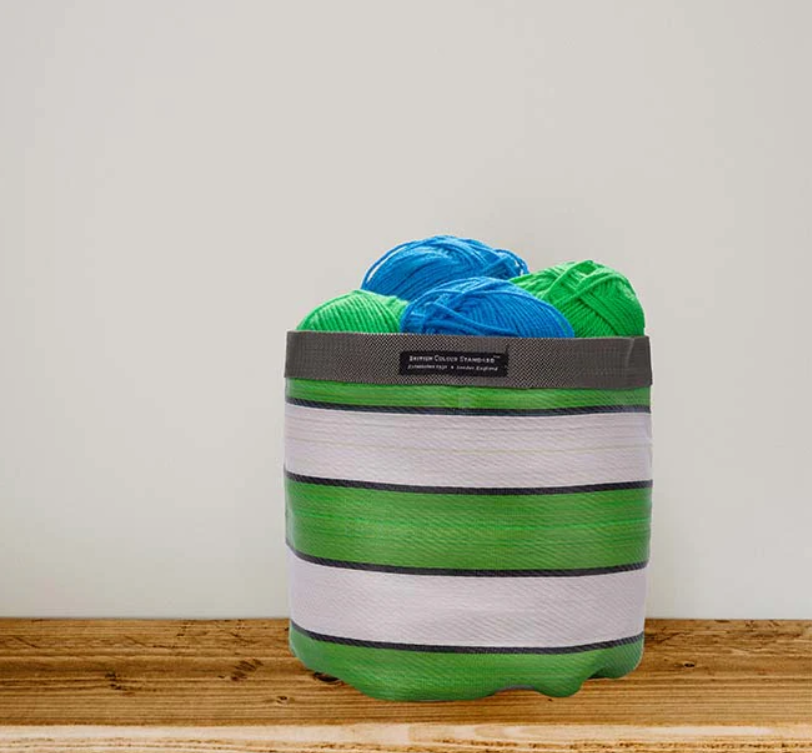 Medium 19cm Eco Woven Plant Pot Cover in Grass Green, Indigo & Pearl