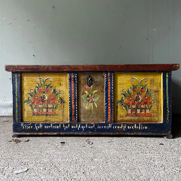 Antique Pine Folk Painted Marriage Box in Blue & Yellow