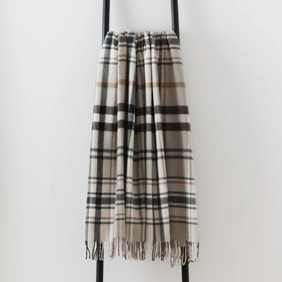 Natural & Grey Check Throw | Merino Wool | Pitnacree Sea Blue