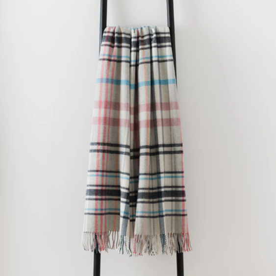 Pink, Grey & Blue Check Throw | Merino Wool | Pitnacree Rose