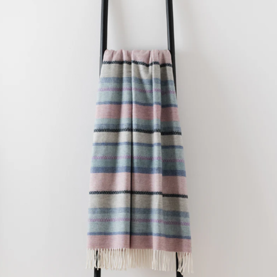 Pink & Blue Striped Throw | Merino Wool | Isle Mill | Croftmore Seaglass
