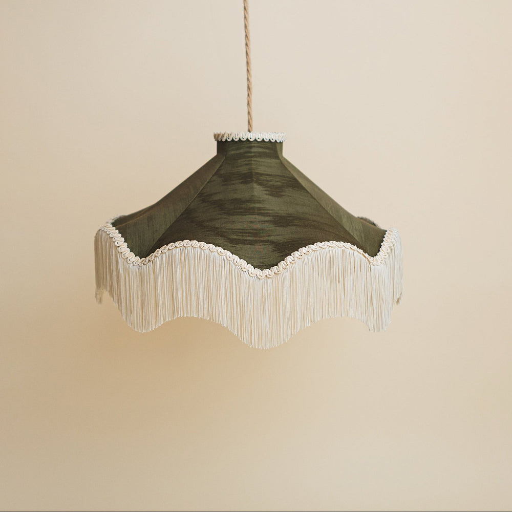 Moiré Fringed Lampshade with Tassels  | Olive Green | Tinker & Tallulah