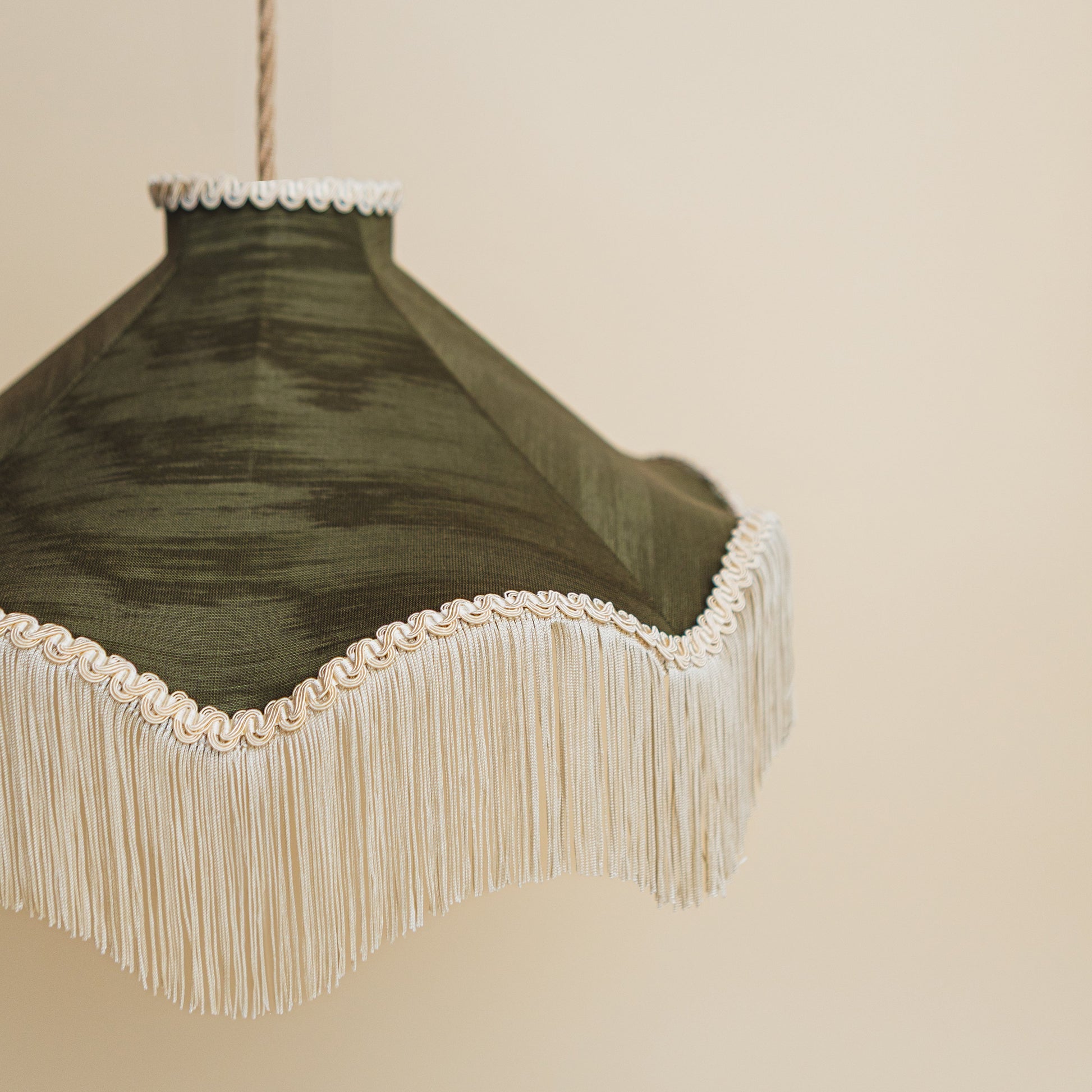 Moiré Fringed Lampshade with Tassels  | Olive Green | Tinker & Tallulah