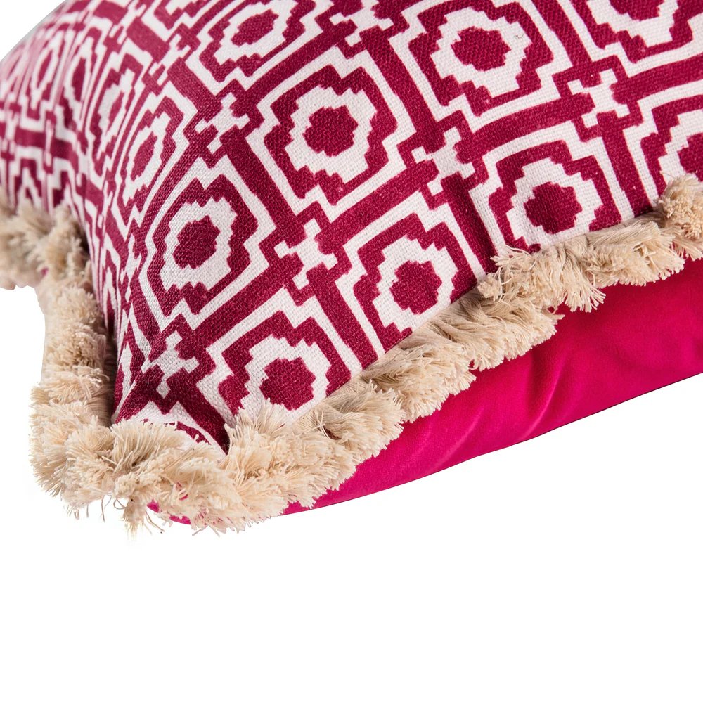 Alotablots' Cushion in Raspberry with Raspberry Velvet Back & Cream Fringe- Kelling Home