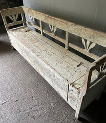 Antique Folk Bench In Original White Paint