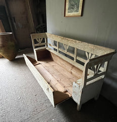 Antique Folk Bench In Original White Paint
