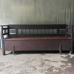 Antique Folk Box Bench With Spindles