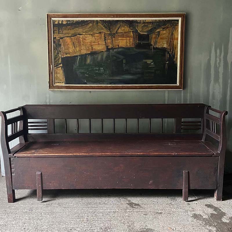 Antique Folk Box Bench With Spindles