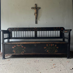 Antique Folk Art Box Bench | Black & Decorated with Tulips 