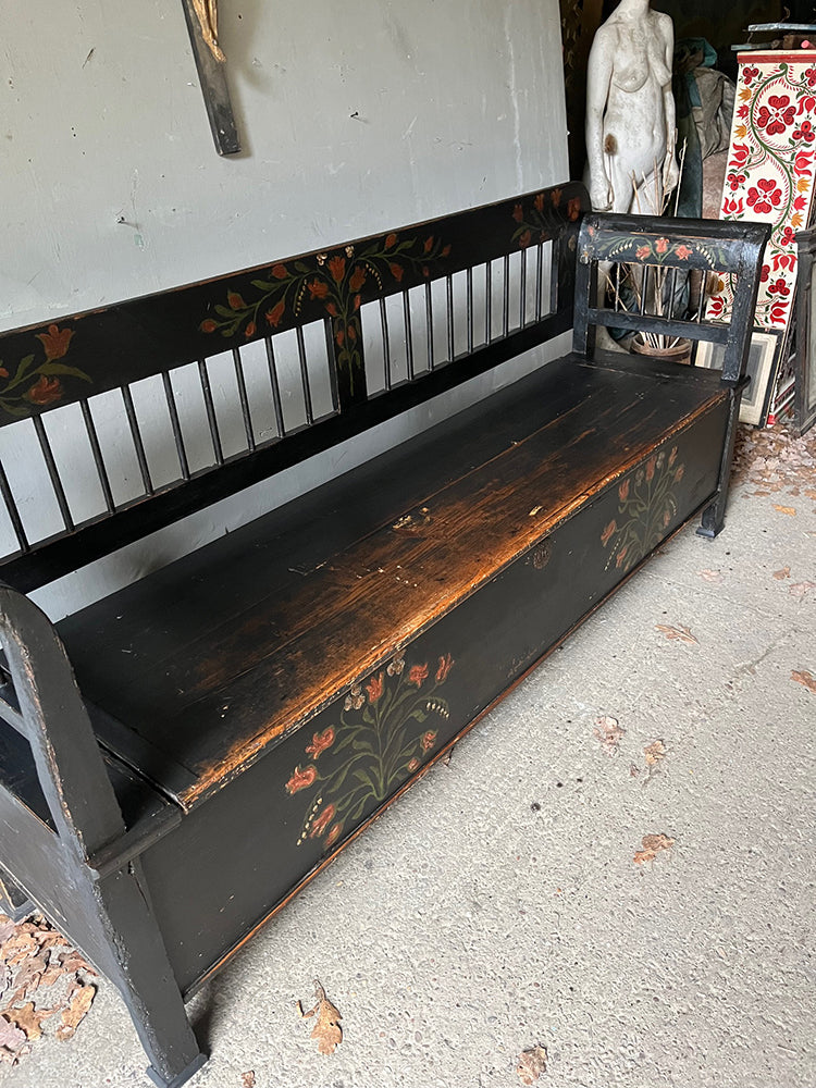 Antique Folk Art Box Bench | Black & Decorated with Tulips 