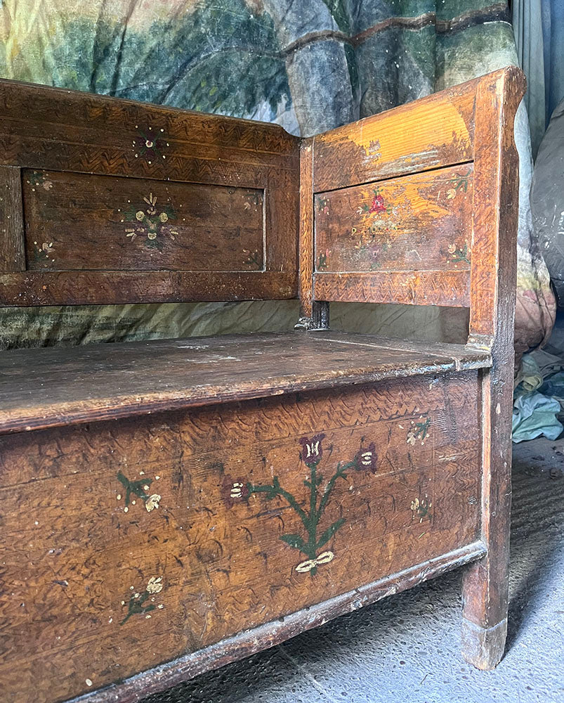Antique Folk Art Painted Box Bench with Tulips | John Cornall