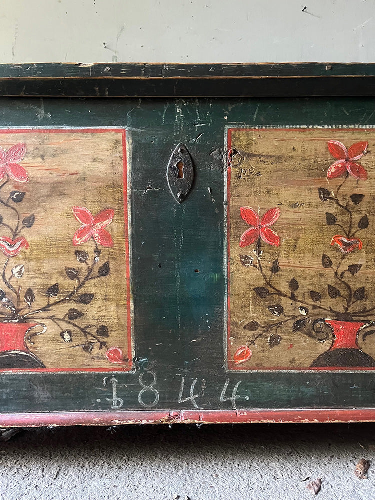 Antique Folk Floral Art Green Painted Marriage Chest