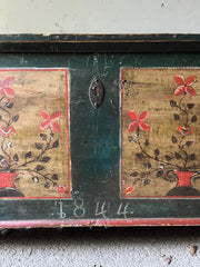 Antique Folk Floral Art Green Painted Marriage Chest