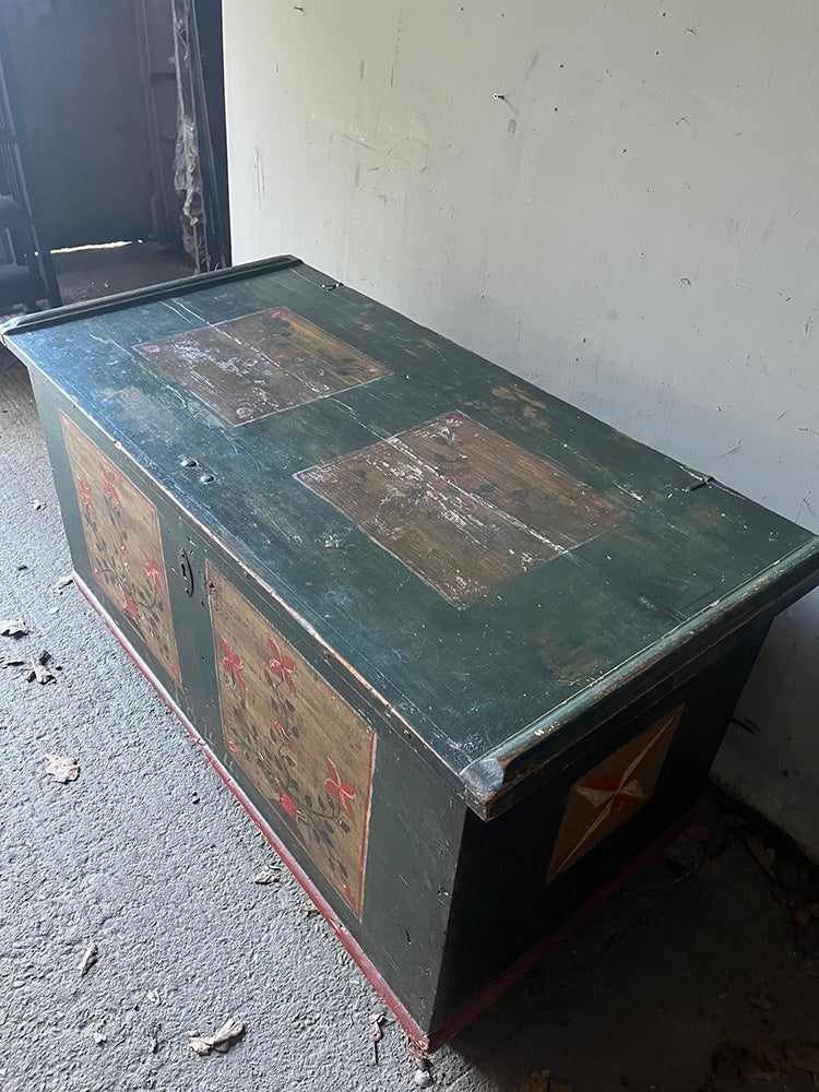 Antique Folk Floral Art Green Painted Marriage Chest