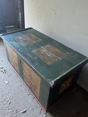 Antique Folk Floral Art Green Painted Marriage Chest