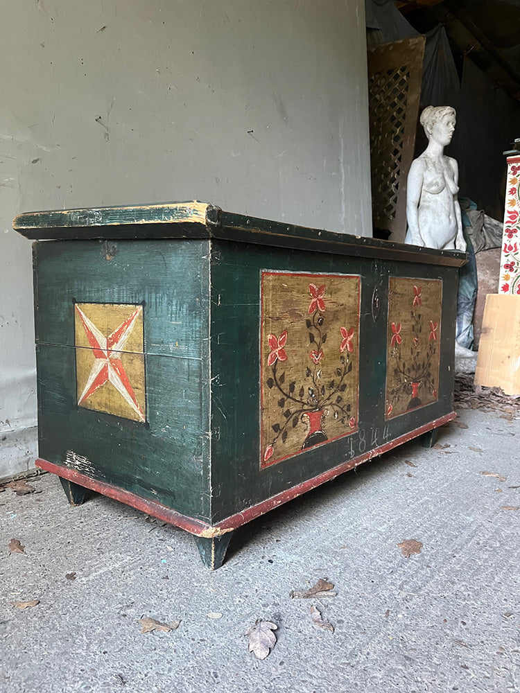 Antique Folk Floral Art Green Painted Marriage Chest