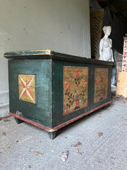 Antique Folk Floral Art Green Painted Marriage Chest