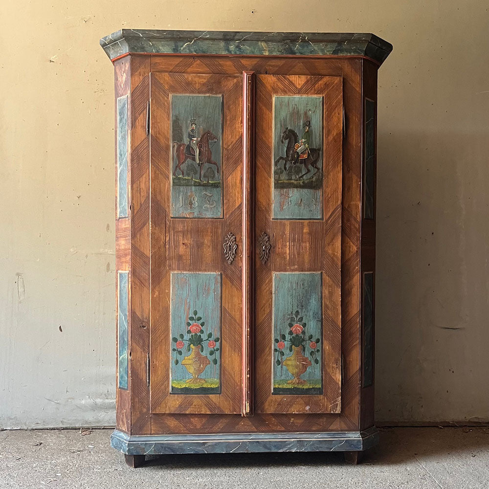 Antique Folk Art Pine Marriage Cupboard with Cavalrymen