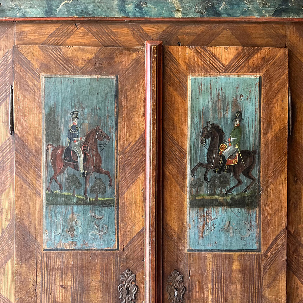 Antique Folk Art Pine Marriage Cupboard with Cavalrymen