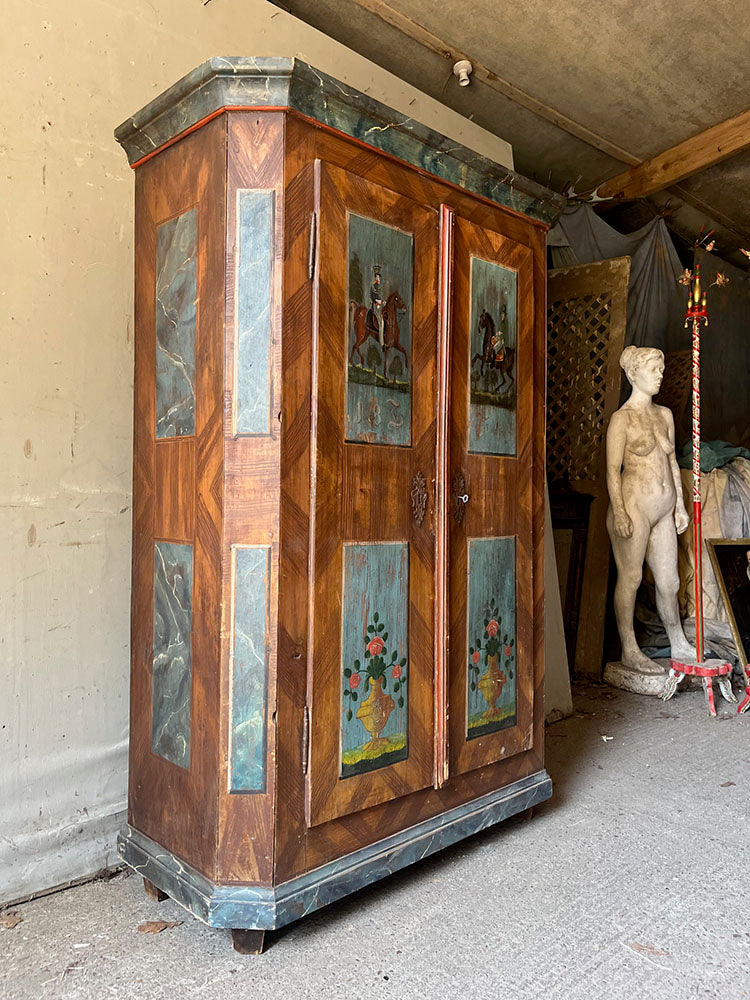 Antique Folk Art Pine Marriage Cupboard with Cavalrymen