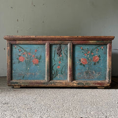 Antique Marriage Chest in Blue with Red Roses