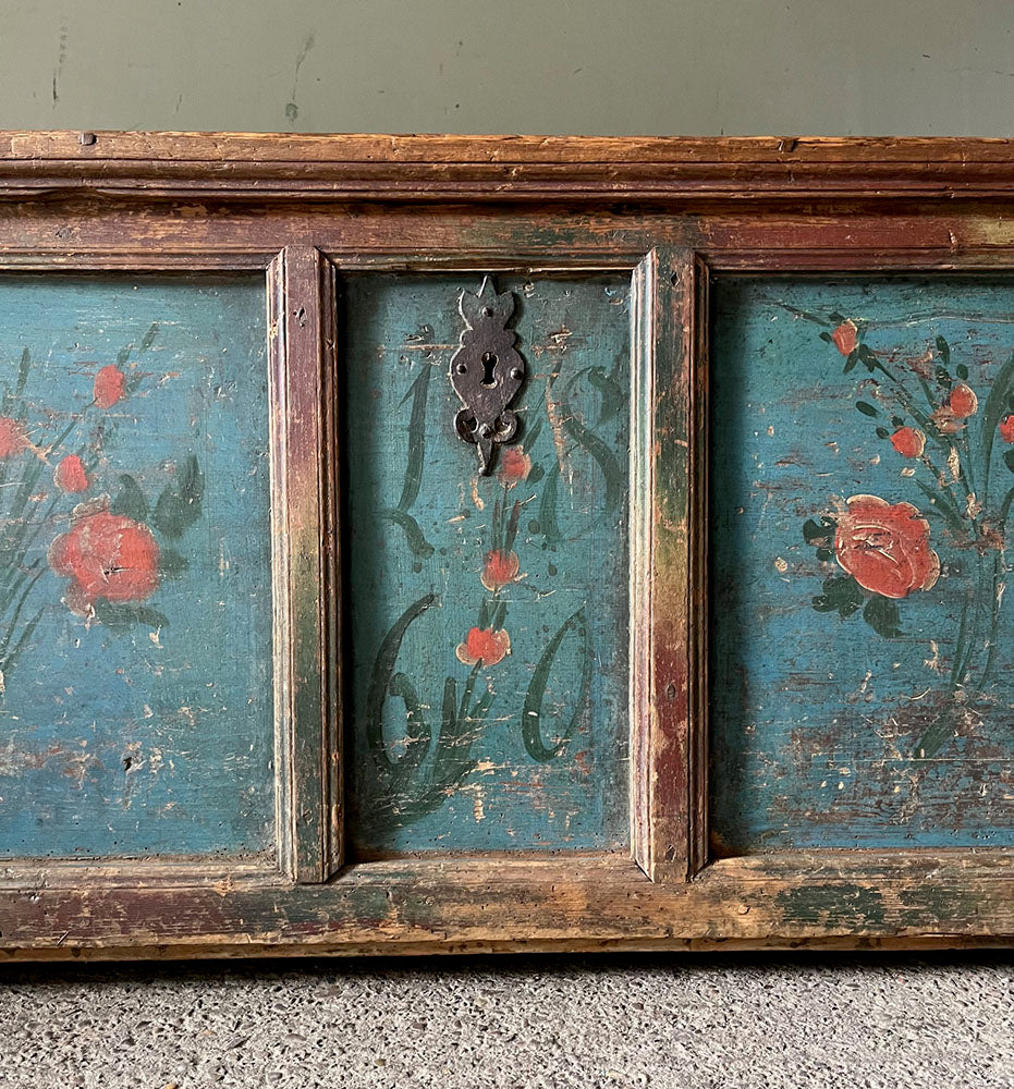 Antique Marriage Chest in Blue with Red Roses
