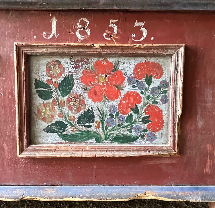 Antique Folk Marriage Chest Iin Red & Blue with Wildflowers