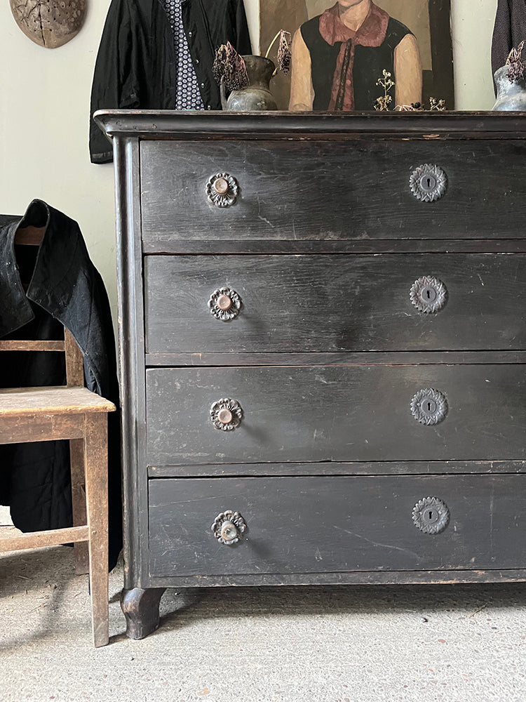 Antique Oak Four Drawer Chest in Original Black Paint