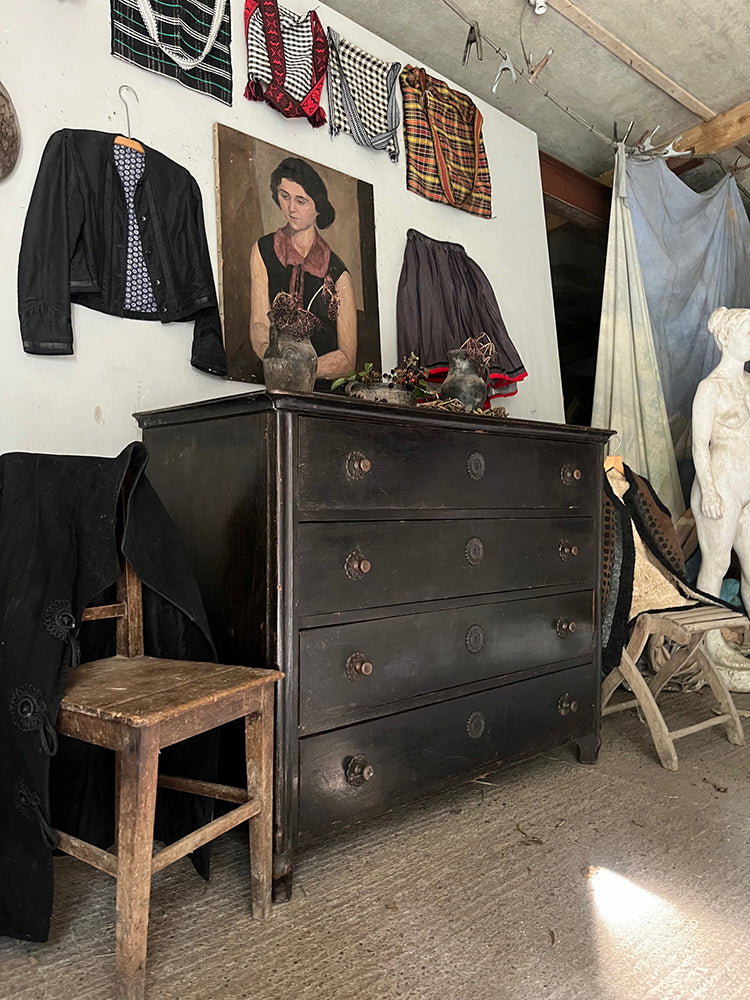 Antique Oak Four Drawer Chest in Original Black Paint