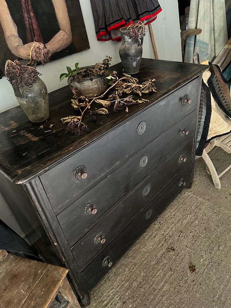 Antique Oak Four Drawer Chest in Original Black Paint