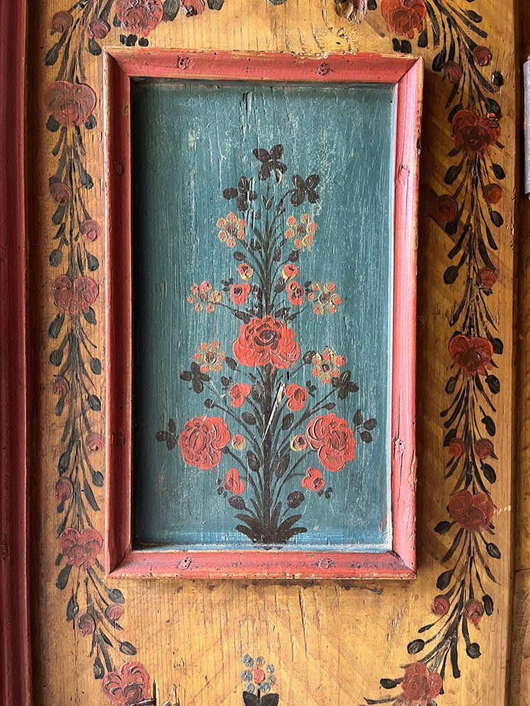 Antique Pine Folk Art Marriage Cupboard with Flowers