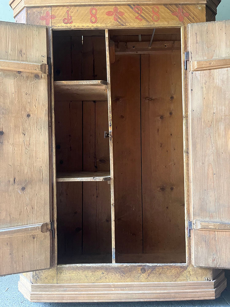 Antique Pine Folk Art Marriage Cupboard with Flowers