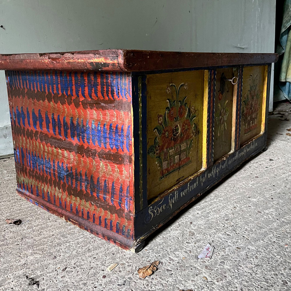 Antique Pine Folk Painted Marriage Box in Blue & Yellow