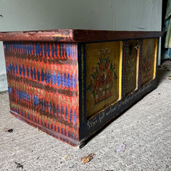 Antique Pine Folk Painted Marriage Box in Blue & Yellow