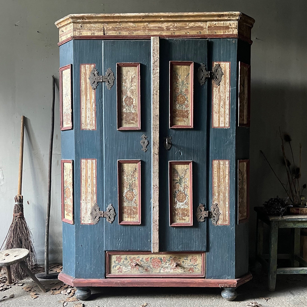Antique Pine Blue & Red Folk Painted Marriage Cupboard | John Cornall