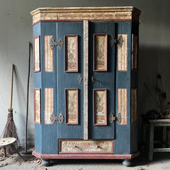 Antique Pine Blue & Red Folk Painted Marriage Cupboard | John Cornall