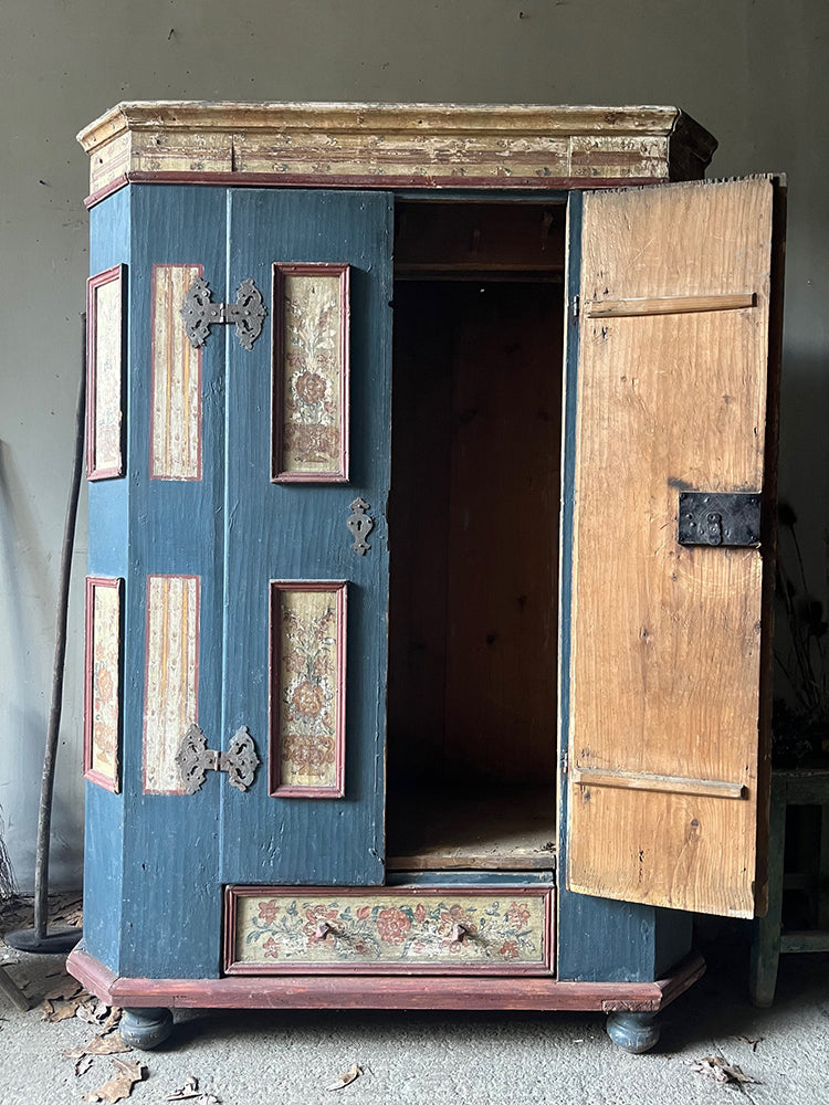 Antique Pine Blue & Red Folk Painted Marriage Cupboard | John Cornall