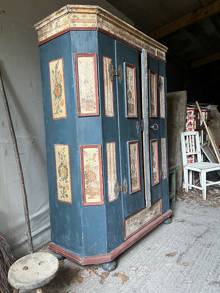 Antique Pine Blue & Red Folk Painted Marriage Cupboard | John Cornall