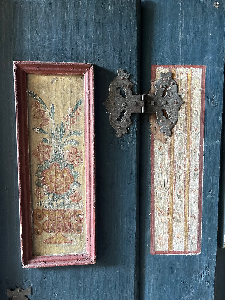 Antique Pine Blue & Red Folk Painted Marriage Cupboard | John Cornall