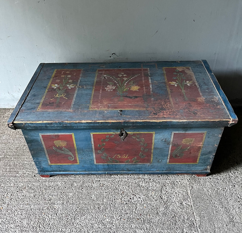 Antique Pine Folk Marriage Box in Neo-Classical Style in Red & Blue
