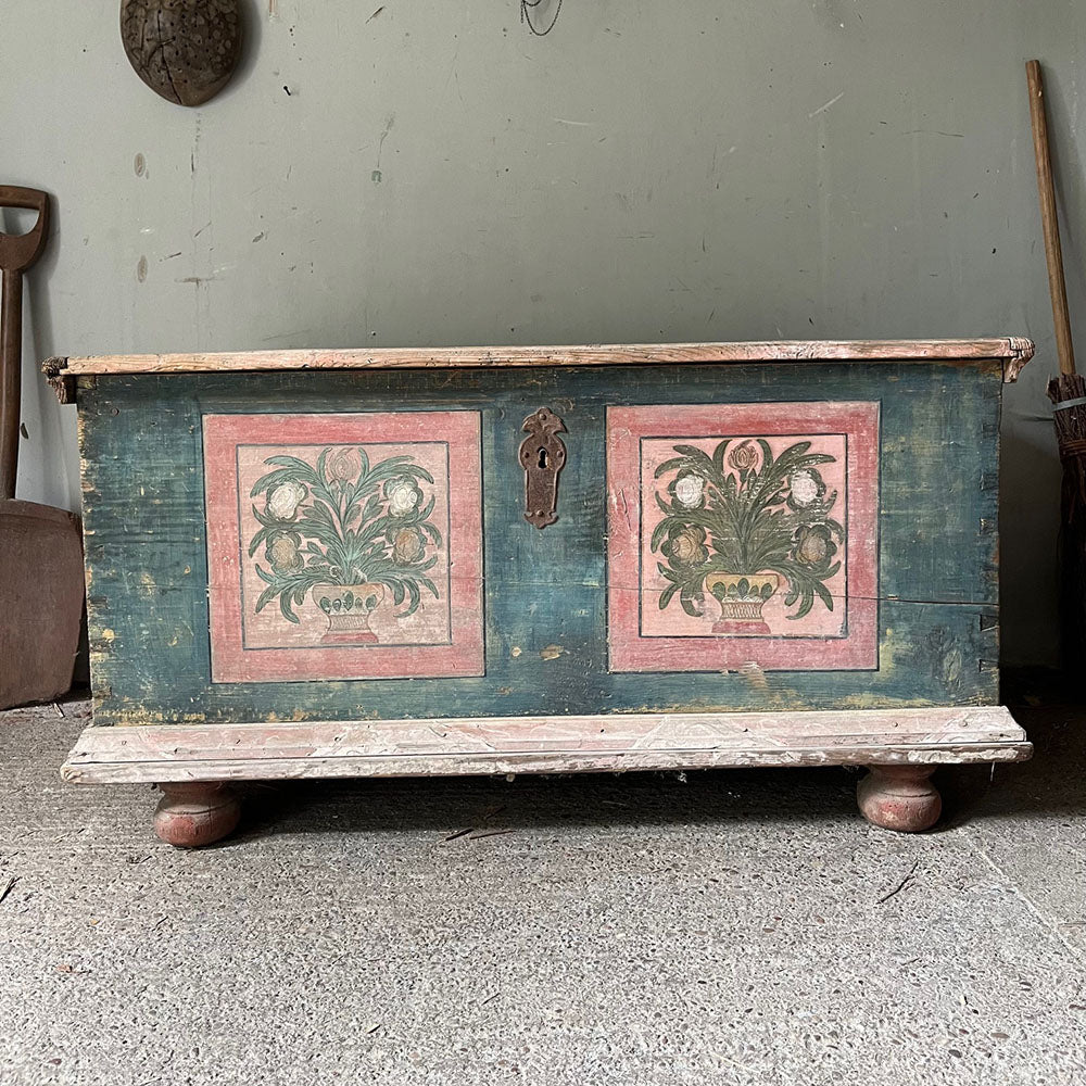 Antique Pine Marriage Chests in Pink and Blue