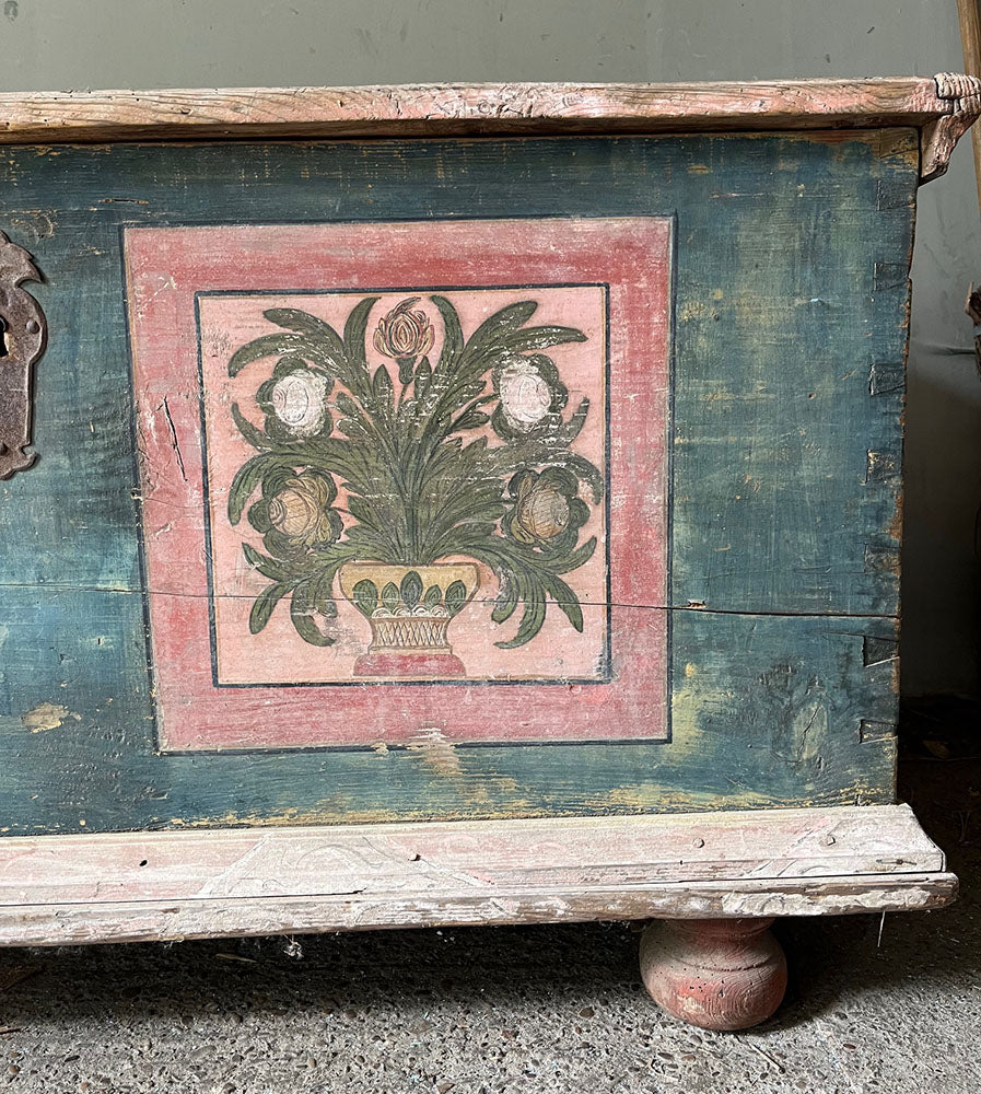 Antique Pine Marriage Chests in Pink and Blue