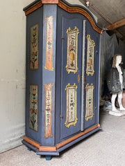 Antique Pine Marriage Cupboard with Neoclassical Motifs on Blue | John Cornall