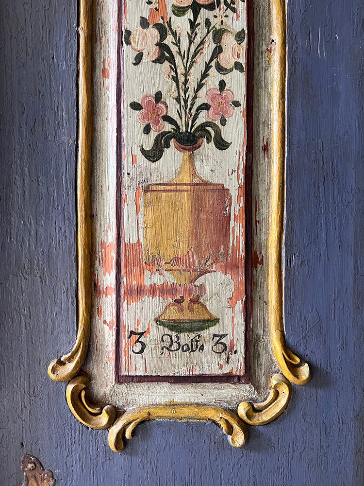 Antique Pine Marriage Cupboard with Neoclassical Motifs on Blue | John Cornall